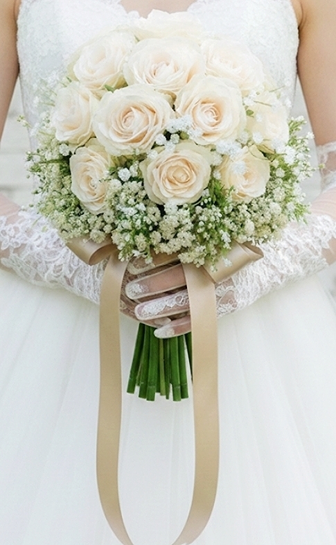 クリーム色の薔薇＆カスミ草のレトロクラッシックなクラッチブーケ