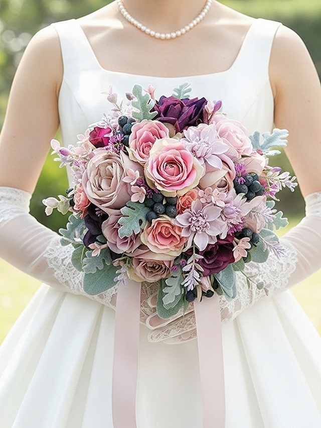 モーブ＆ワインカラー＆ブラックベリーのシックエレガンスなラウンドブーケ