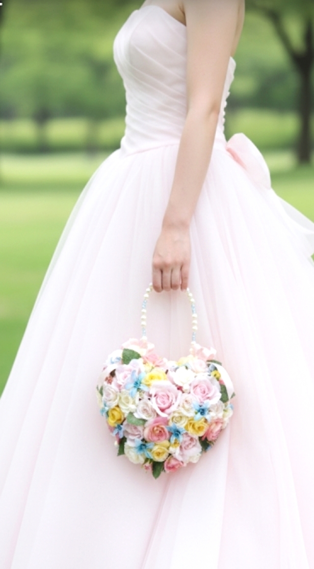 パステルミックスカラー＆パールのハートのバッグブーケ