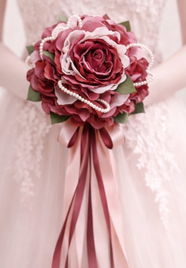 赤＆ピンクのグラデショーンカラー＆花びらパールのグランメリアブーケ