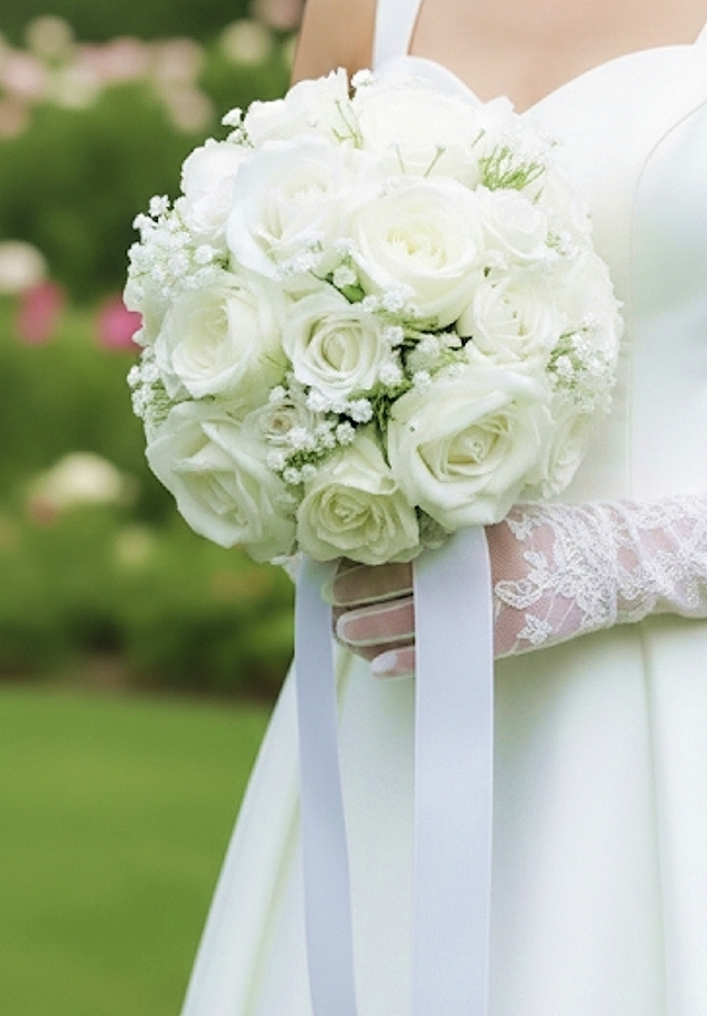 薔薇とカスミ草のホワイトノーブルなラウンドブーケ