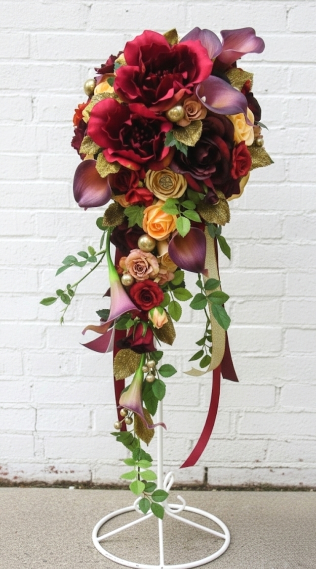 大輪の薔薇＆グリーンの実のキャスケードブーケ