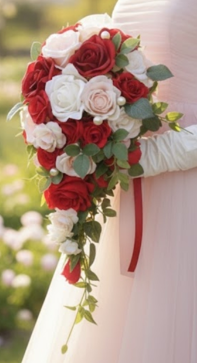 赤薔薇＆ペールピンク＆オフホワイトの薔薇のショートキャスケードブーケ