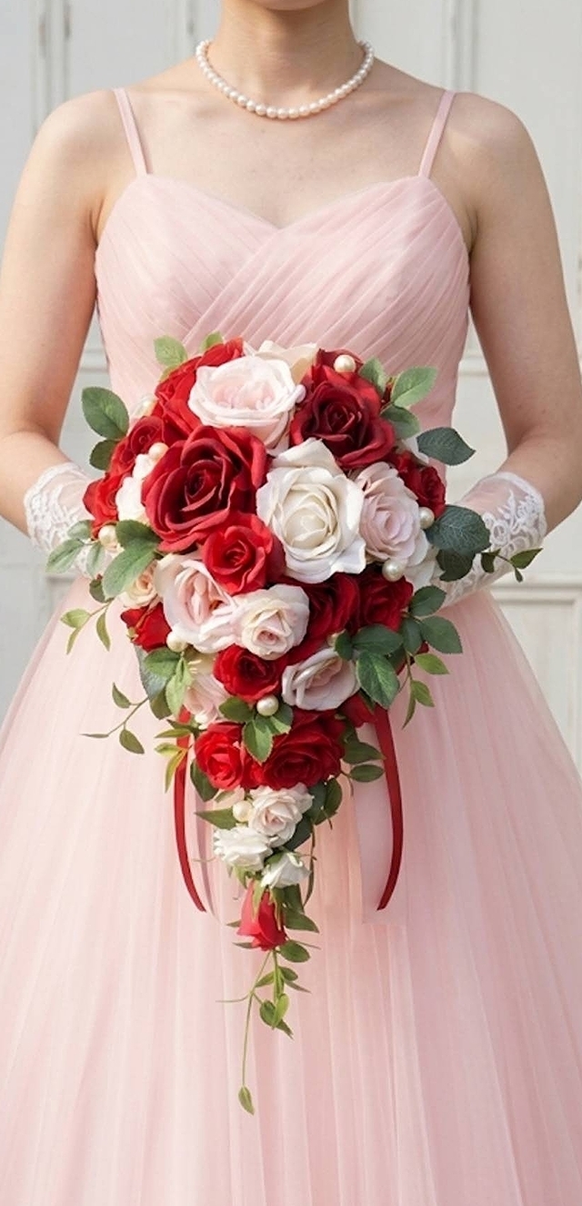 キャスケードブーケ 薔薇　白＆ピンク＆ブルー系｜造花ウエディングブーケ（アーティフィシャルフラワー）