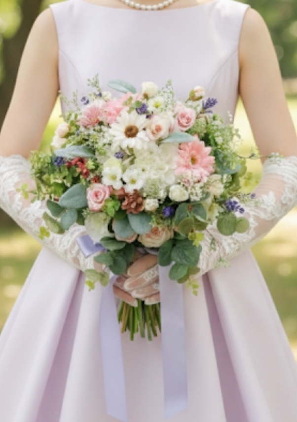 ホワイトダリア＆ガーベラの上品ナチュラルなクラッチブーケ