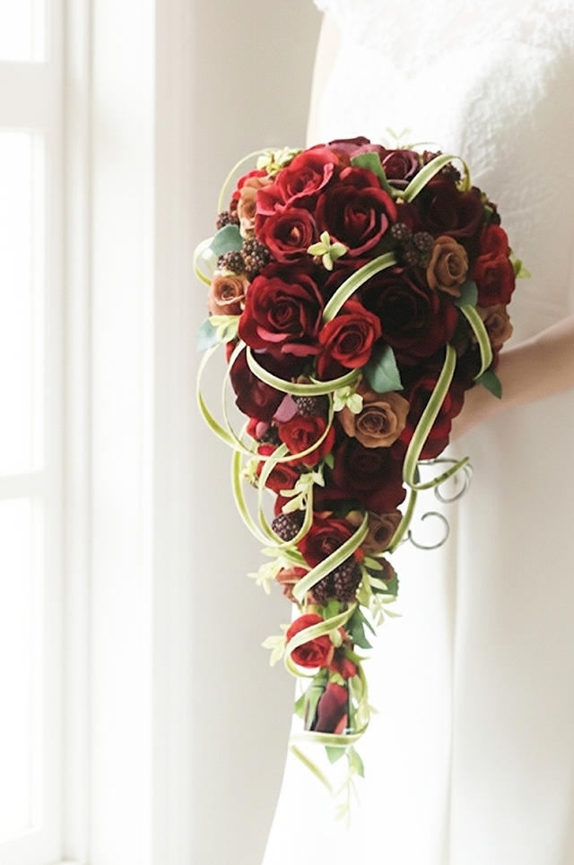 赤＆ボルドー＆ベージュの薔薇のシックなキャスケードブーケ