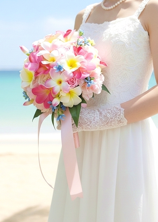 ホワイト・濃淡ピンクのプルメリア&芍薬＆薔薇のキュートなラウンドブーケ