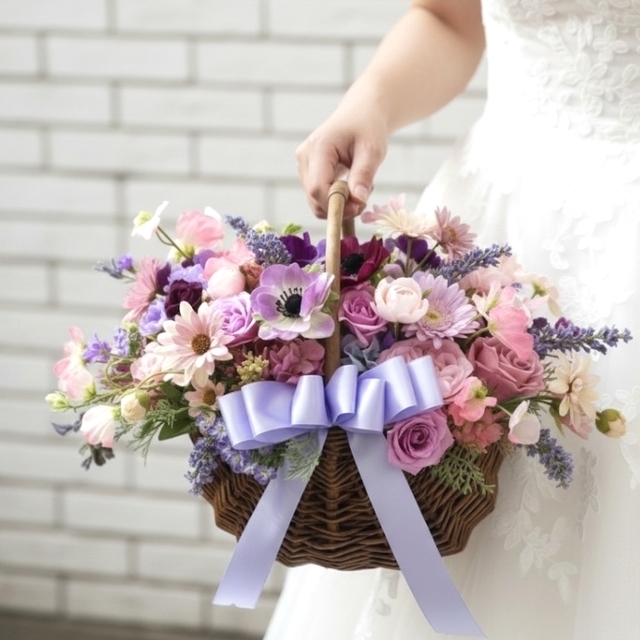 モーブピンク＆パープルカラーの大人エレガントなバスケットブーケ