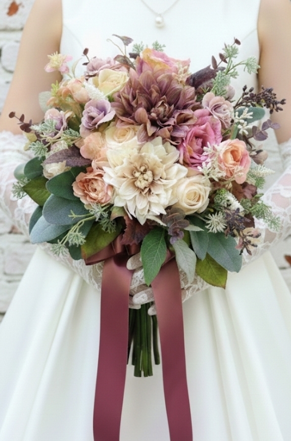 モーブカラー＆クリームベージュのレトロクラッシックなクラッチブーケ