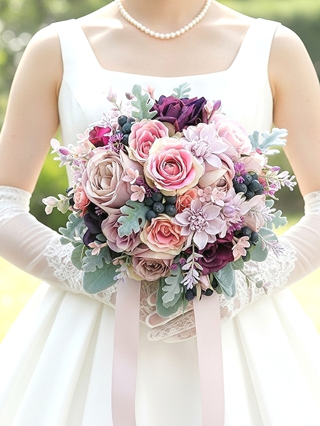 モーブ＆ワインカラー＆ブラックベリーのシックエレガンスなラウンドブーケ