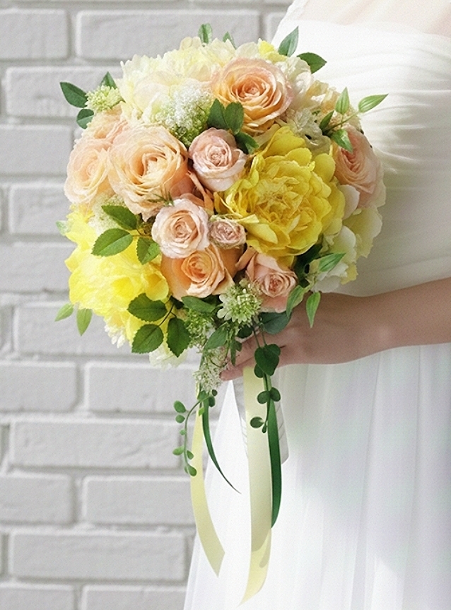 イエローの芍薬＆ソフトオレンジの薔薇の優しいラウンドブーケ