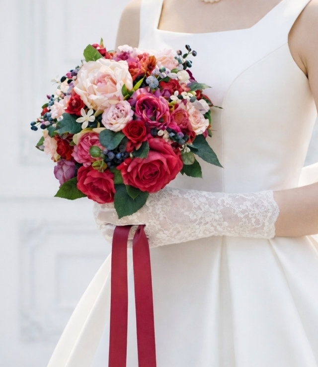 ピンクグラデーション＆パープルの薔薇＆実の物のエレガントなラウンドブーケ