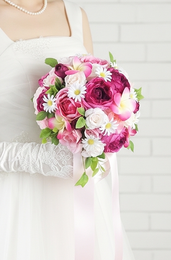 プルメリア＆薔薇＆マーガレットのフェミニンなラウンドブーケ