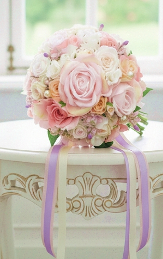 ペールピンク＆ソフトピンク＆パープル小花のふんわり色のラウンドブーケ