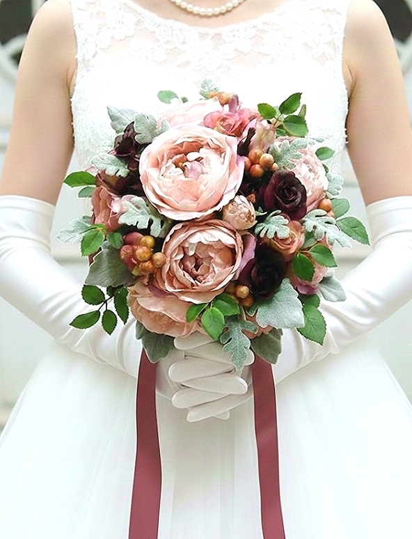 モーブピンクのオールドローズ＆ワインカラーの薔薇のフェミニンなラウンドブーケ