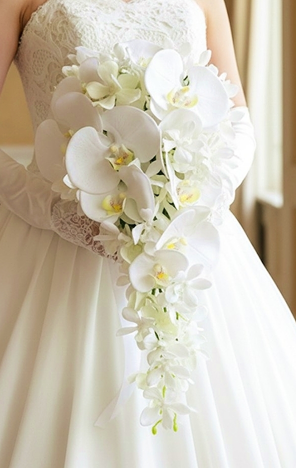 胡蝶蘭＆蘭のホワイトブーケ（セミロング丈）ウエディングブーケ（造花）