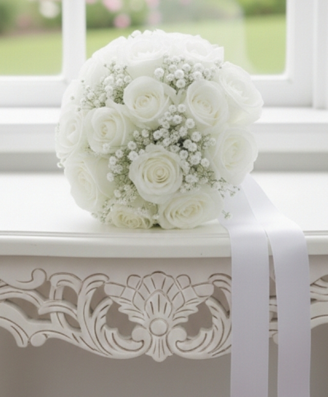 薔薇とカスミ草のホワイトノーブルなラウンドブーケ