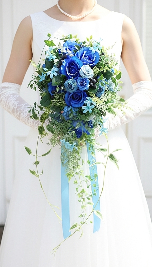 青薔薇とグリーンのナチュラルキャスケードブーケ