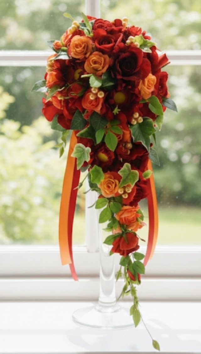 キャスケードブーケ　ウェディングブーケ　シルクフラワーブーケ　造花ブーケ　アートフラワーブーケ　結婚式ブーケ