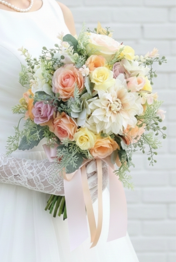 クリームベージュのダリア＆大人パステルのクラッチブーケ