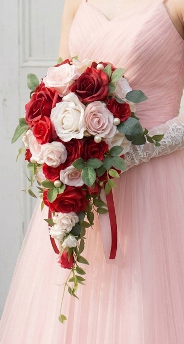 キャスケードブーケ 薔薇　白＆ピンク＆赤系｜造花ウェディングブーケ（アーティフィシャルフラワー）