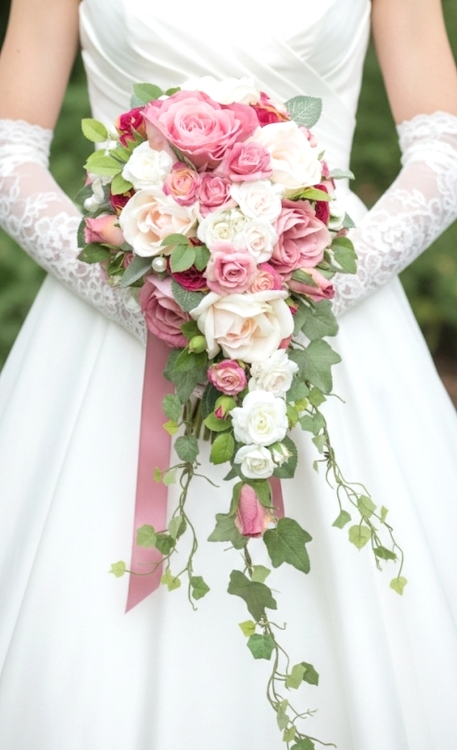 モーブピンク＆ピンクグラデーションの薔薇のキャスケードブーケ