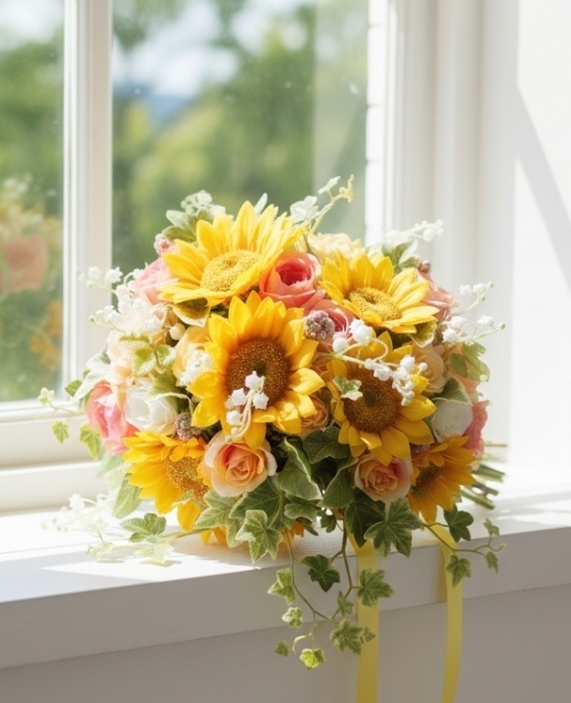 ひまわり＆アプリコットオレンジの薔薇＆鈴蘭のナチュラルラウンドブーケ