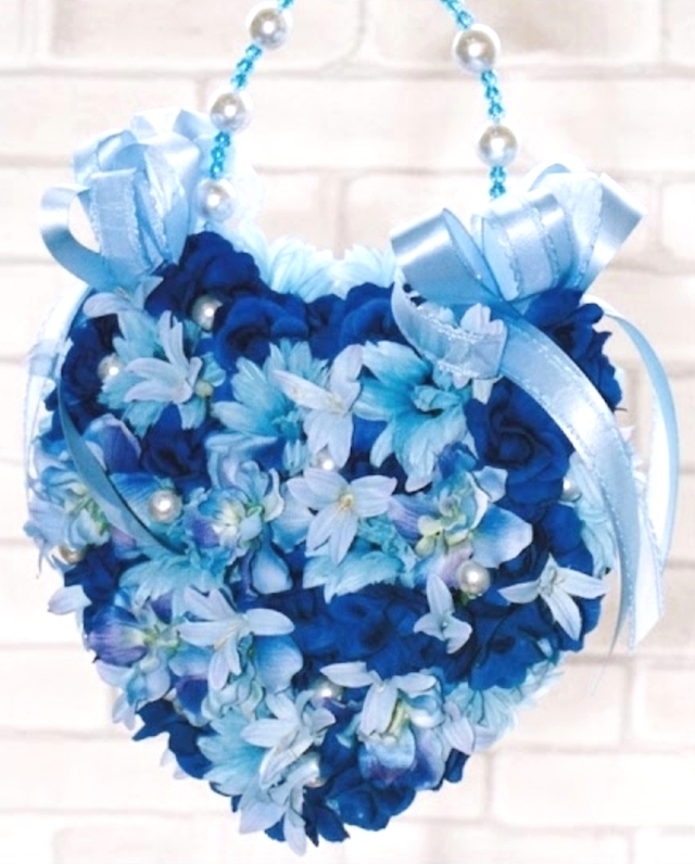 ブルー系グラデーションのハートのバッグブーケ