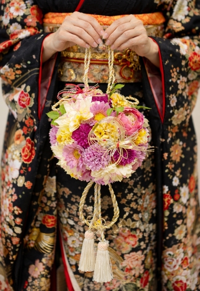 ダリア＆薔薇＆マム＆ガーベラのミックスカラーの和装用ボールブーケ