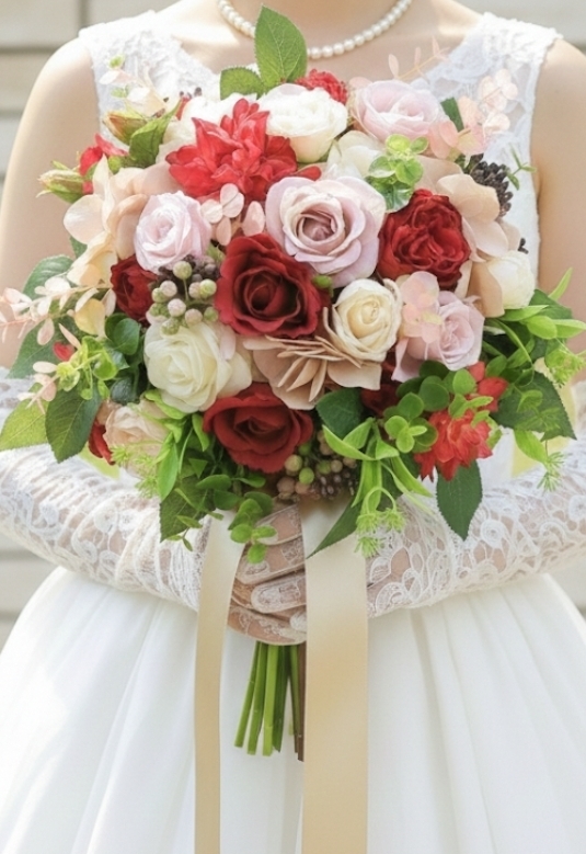 レッド・ホワイト・モーブピンクの薔薇の大人エレガントなクラッチブーケ