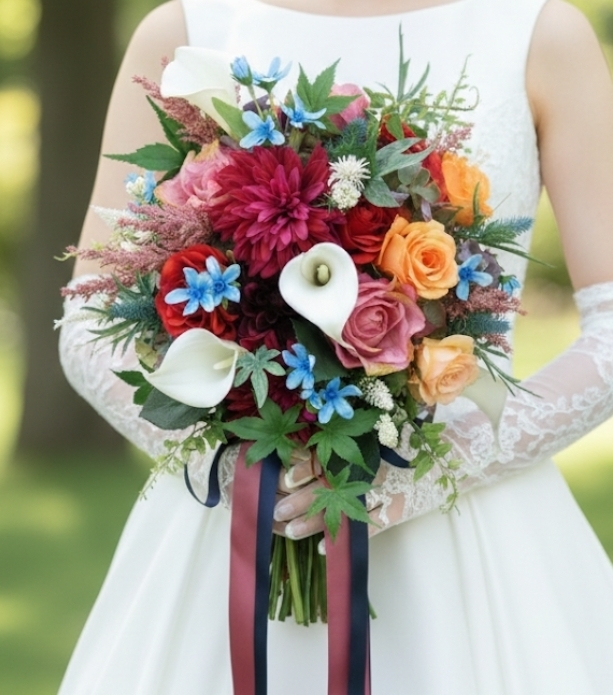 カラー＆ダリア＆薔薇の大人カラフルなクラッチブーケ
