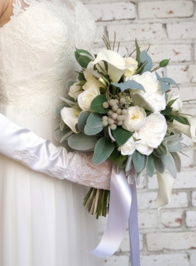 カラー＆ガーデンローズ＆シルバーグレーの葉のクラッシックエレガントなクラッチブーケ