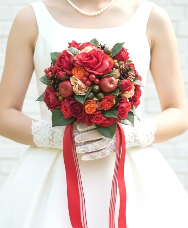 リンゴと実の物の鮮やかレッドのラウンドブーケ