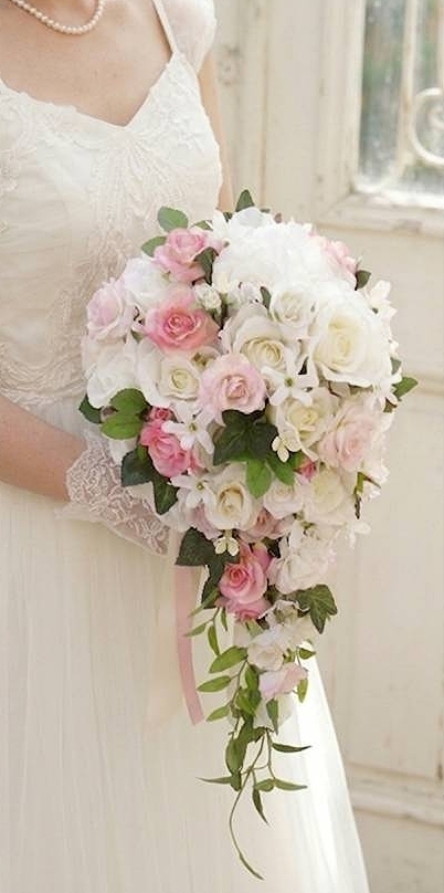 キャスケードブーケ 薔薇 白&ピンク系|造花ウエディングブーケ(アーティフィシャルフラワー)