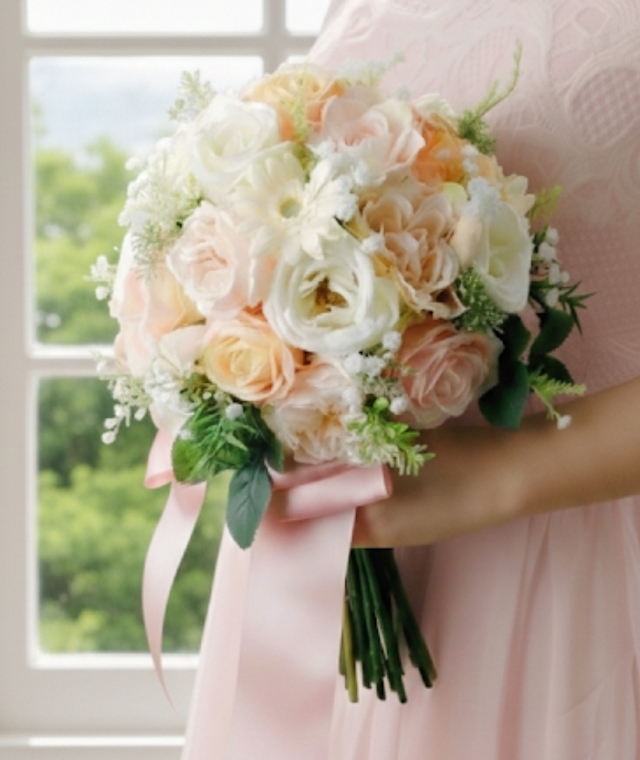 ガーデンローズ&ガーベラのピーチカラーのクラッチブーケ