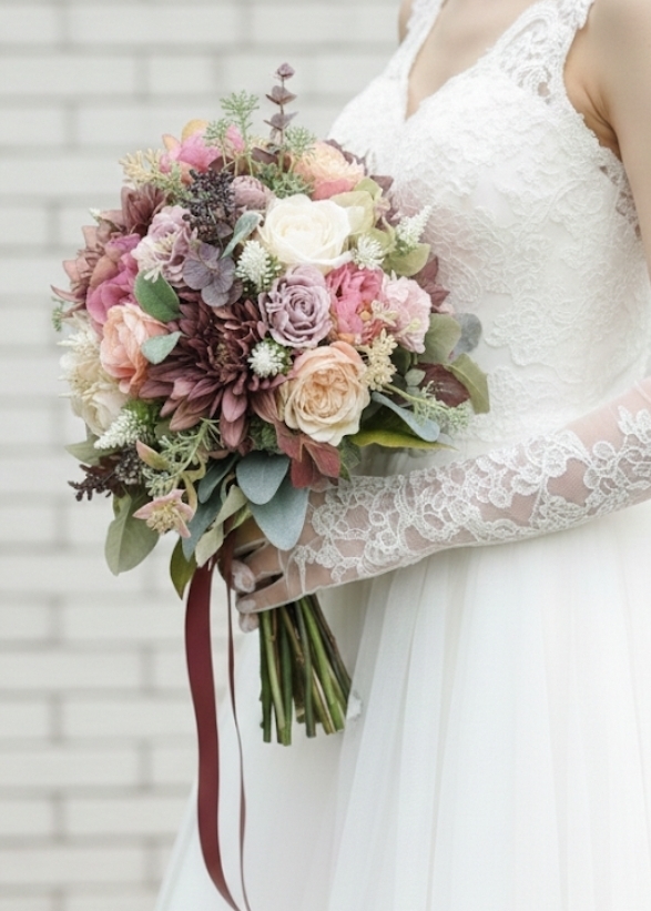 モーブカラー＆クリームベージュのレトロクラッシックなクラッチブーケ