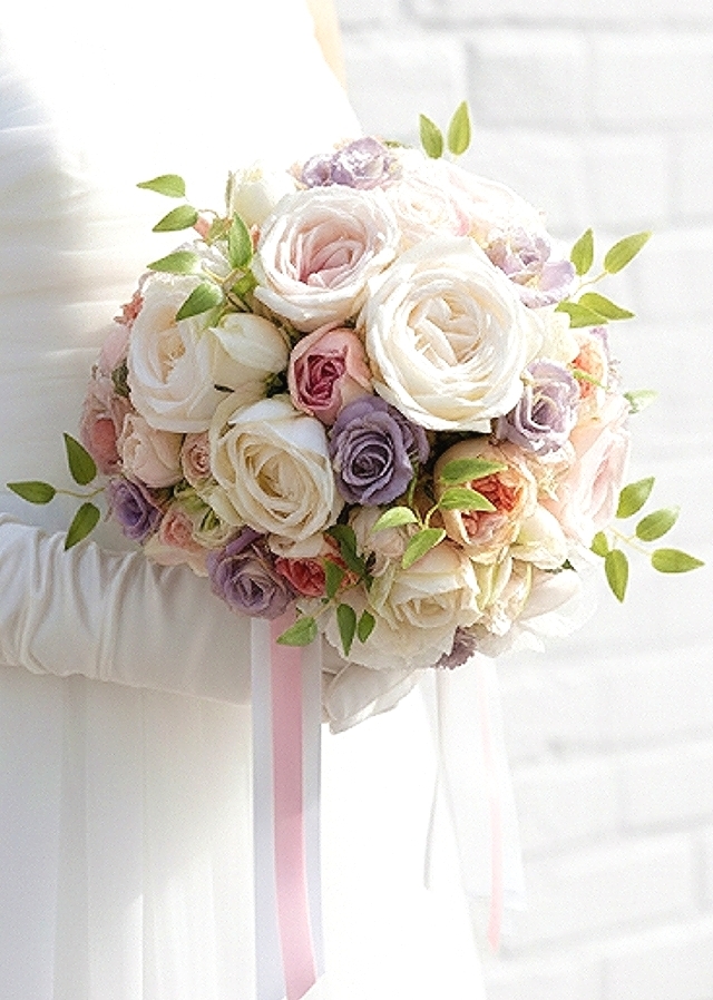 クリームホワイト＆ピンクのオールドローズとパープルのミニバラのラウンドブーケ