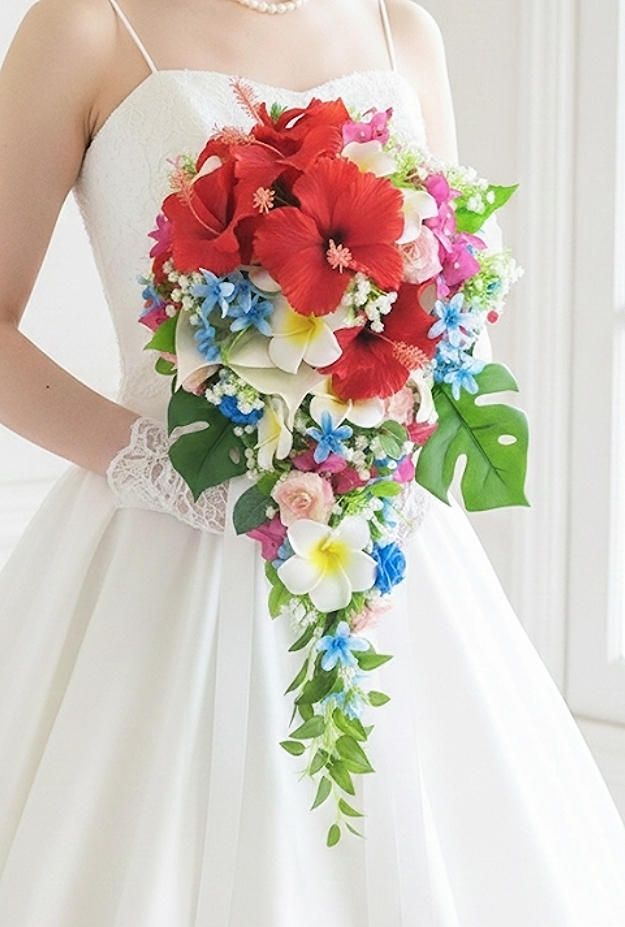 ハイビスカス・プルメリアのトロピカル風セミロングキャスケードブーケ