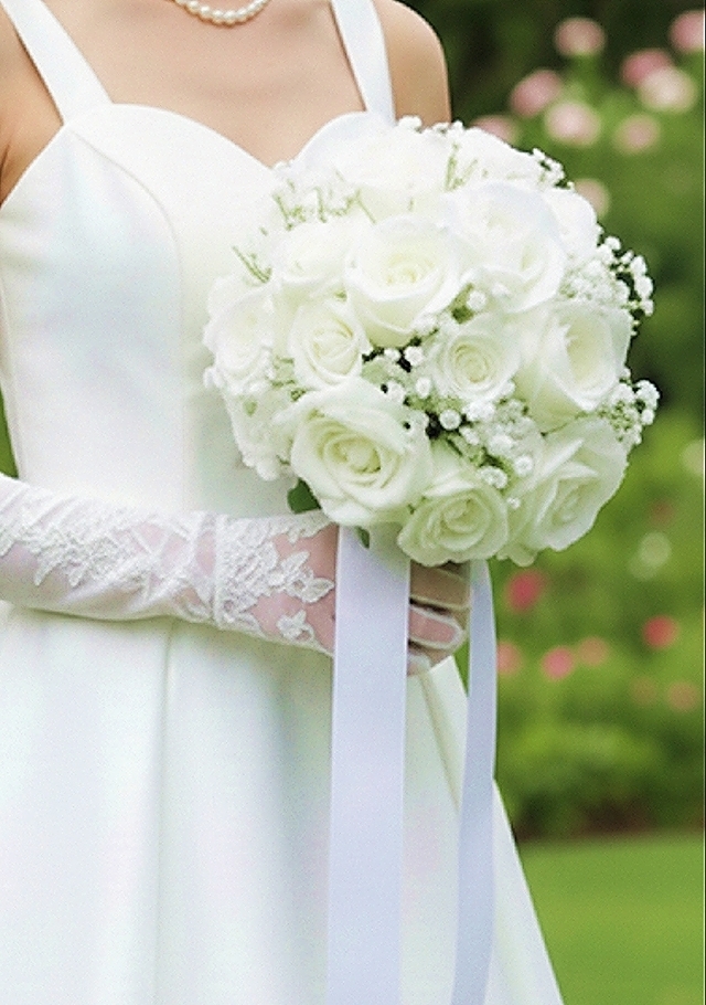 薔薇とカスミ草のホワイトノーブルなラウンドブーケ