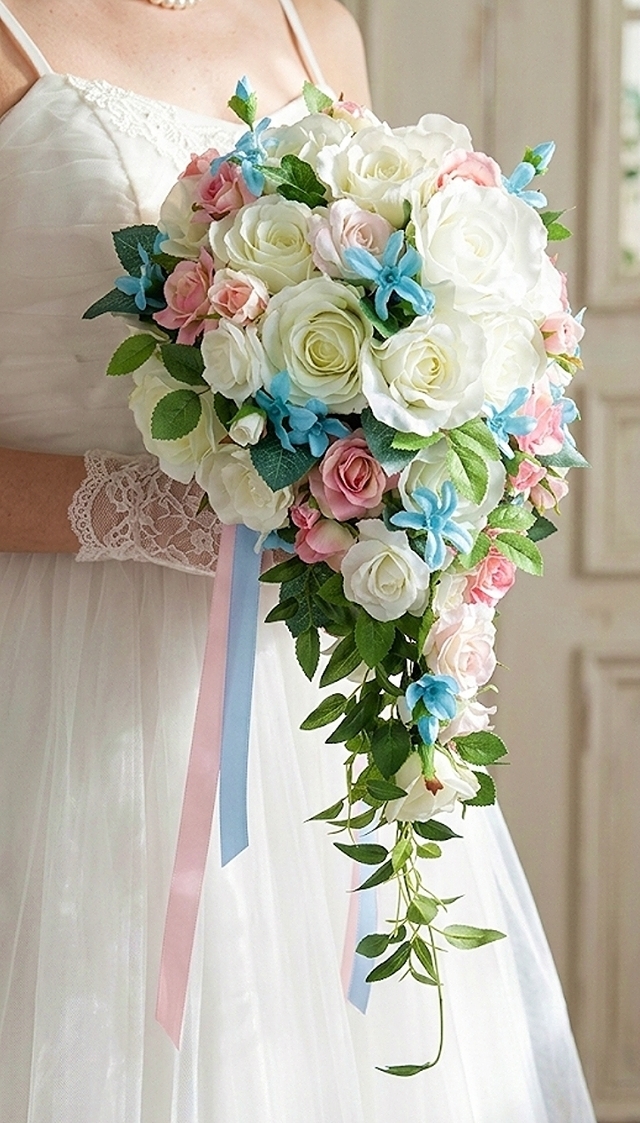 白薔薇＆ピンクのミニバラ＆ブルースターのショートキャスケードブーケ