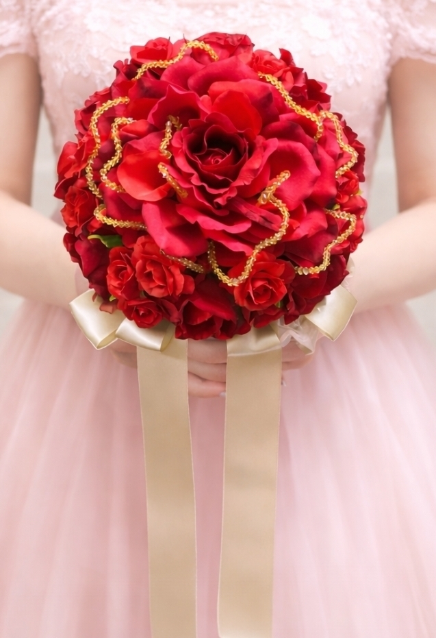 メリアをあしらった赤薔薇のラウンドブーケ