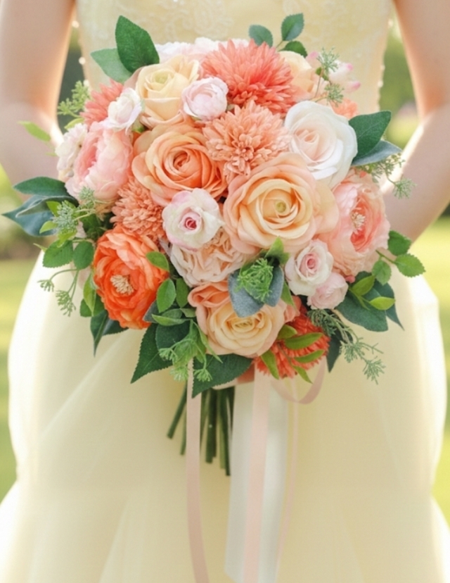 ラナンキュラス＆薔薇のオレンジグラデーションカラーのナチュラルクラッチブーケ