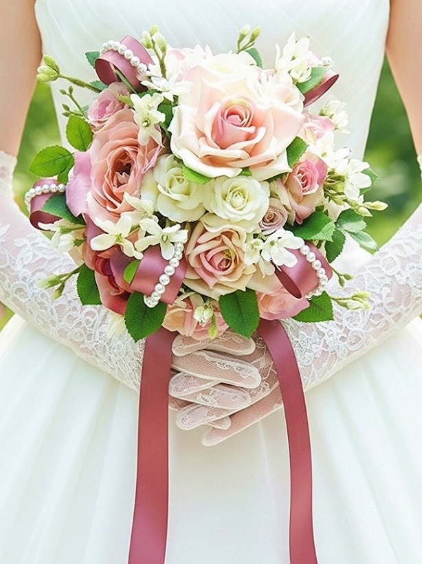 ソフトピンクの薔薇＆白い小花＆リボン・パール使いのお姫様色のブーケ