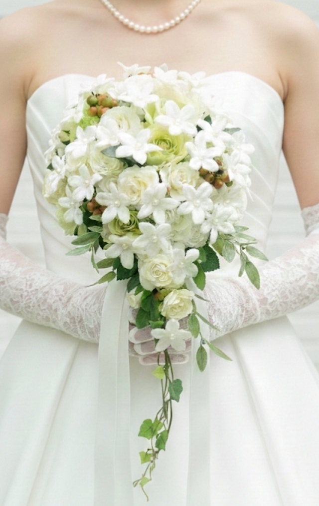 ティアドロップブーケ　ウェディングブーケ　シルクフラワーブーケ　造花ブーケ　アートフラワーブーケ　結婚式ブーケ