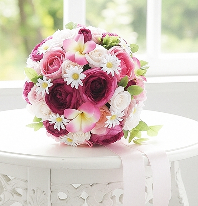 プルメリア＆薔薇＆マーガレットのフェミニンなラウンドブーケ