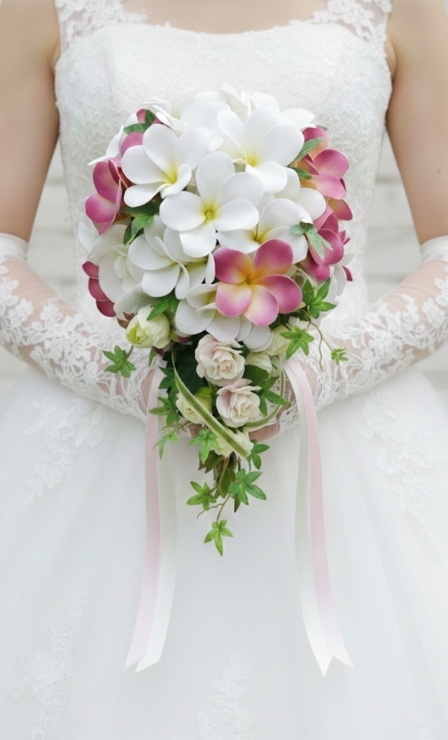 ティアドロップブーケ　プルメリア｜造花ウエディングブーケ｜アーティフィシャルフラワー　