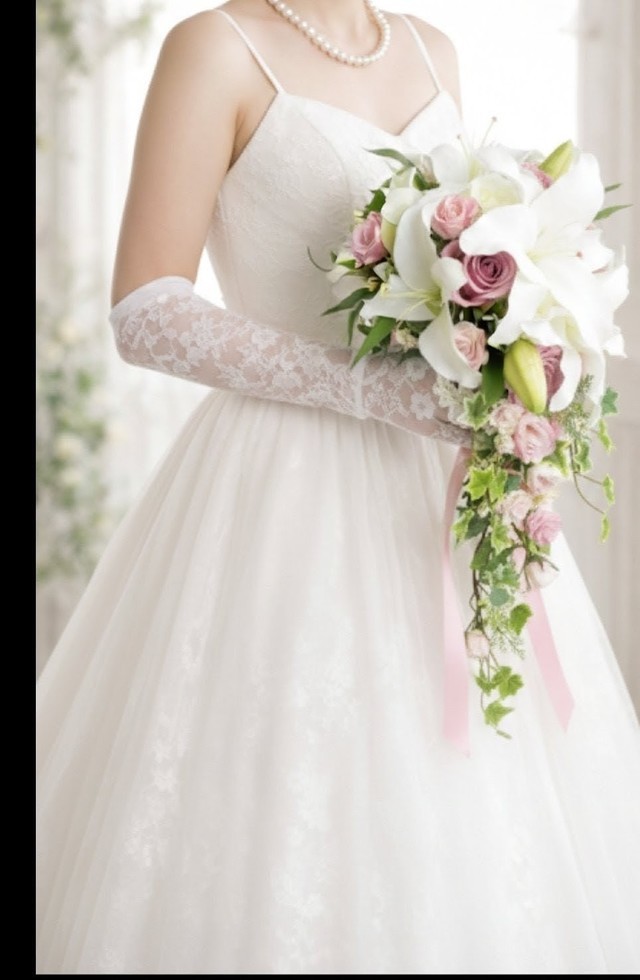 気品のカサブランカ&ロイヤルブルー・水色の薔薇&ブルースターのロングキャスケードブーケ|造花ウエディングブーケ