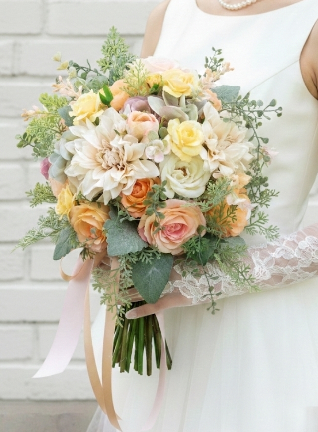 クリームベージュのダリア＆大人パステルのクラッチブーケ