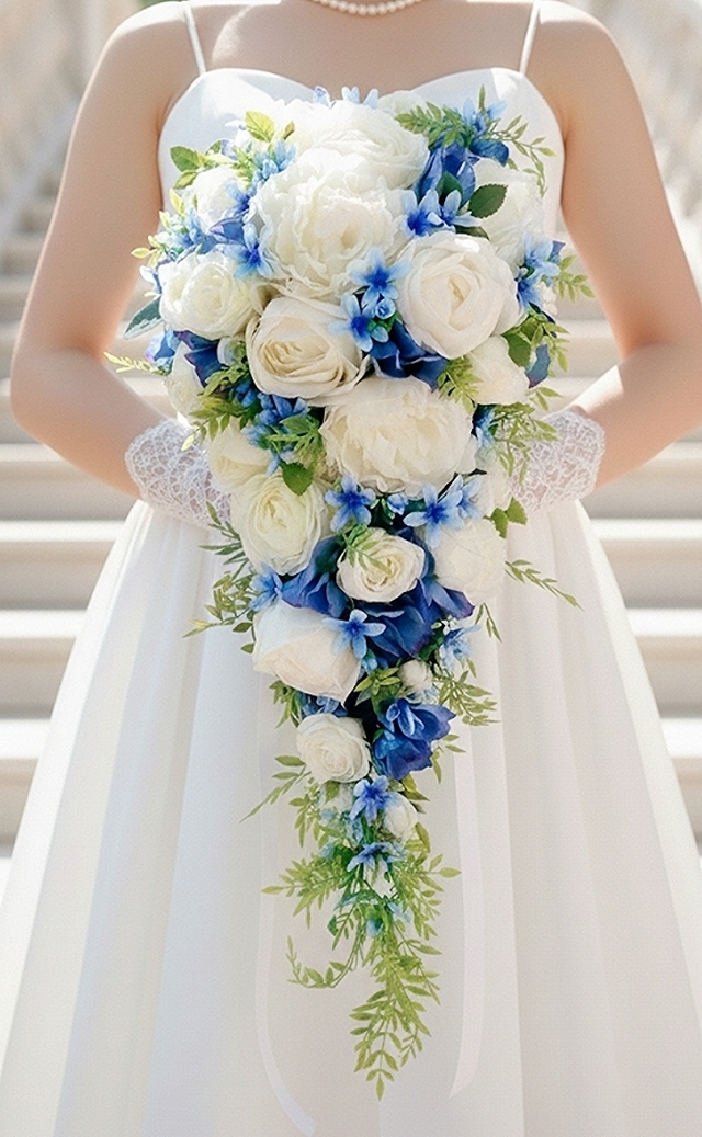 芍薬と大輪薔薇、紫陽花のボリューミィな上品ロングキャスケードブーケ　ウエディングブーケ（造花）