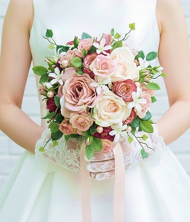 ソフトピンクの薔薇＆白い小花の可憐なラウンドブーケ